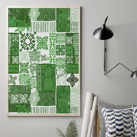 Green tropical patchwork tiki quilt style canvas, no frame, white pattern blocks.