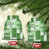 Green patchwork ceramic Christmas tree ornament with gold hanging loop; front and back shown