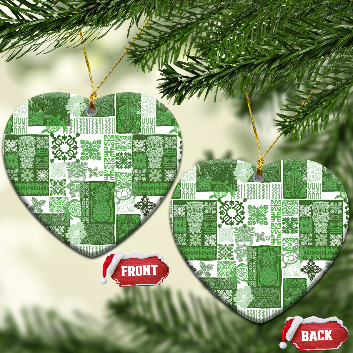 Green patchwork ceramic heart ornament with gold hanging loop; front and back shown
