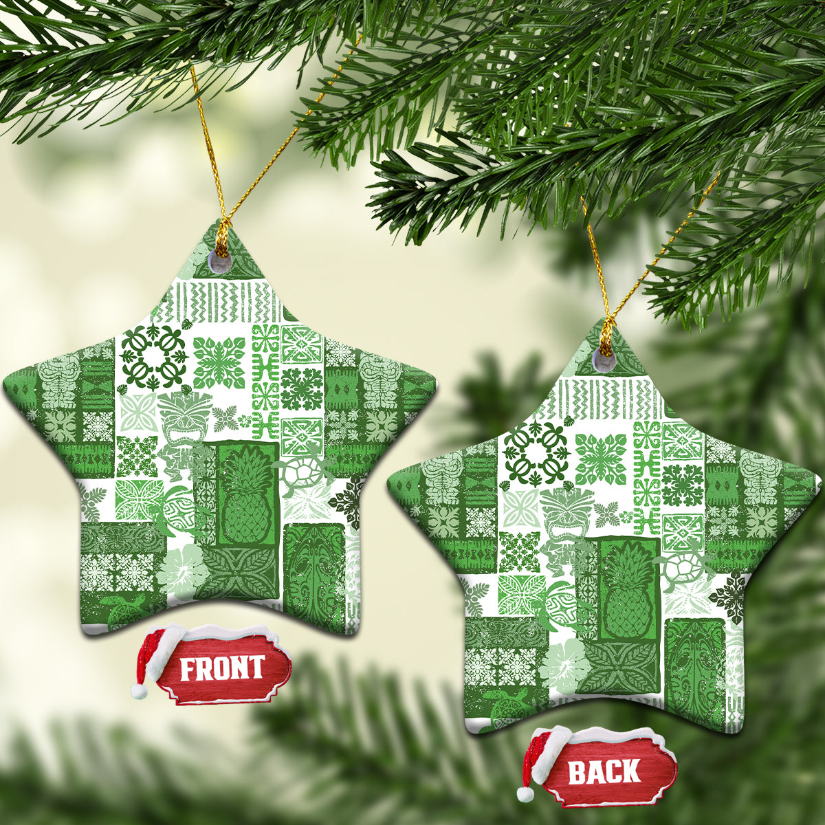 Green patchwork ceramic star ornament with gold hanging loop; front and back shown