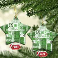 Green patchwork ceramic star ornament with gold hanging loop; front and back shown