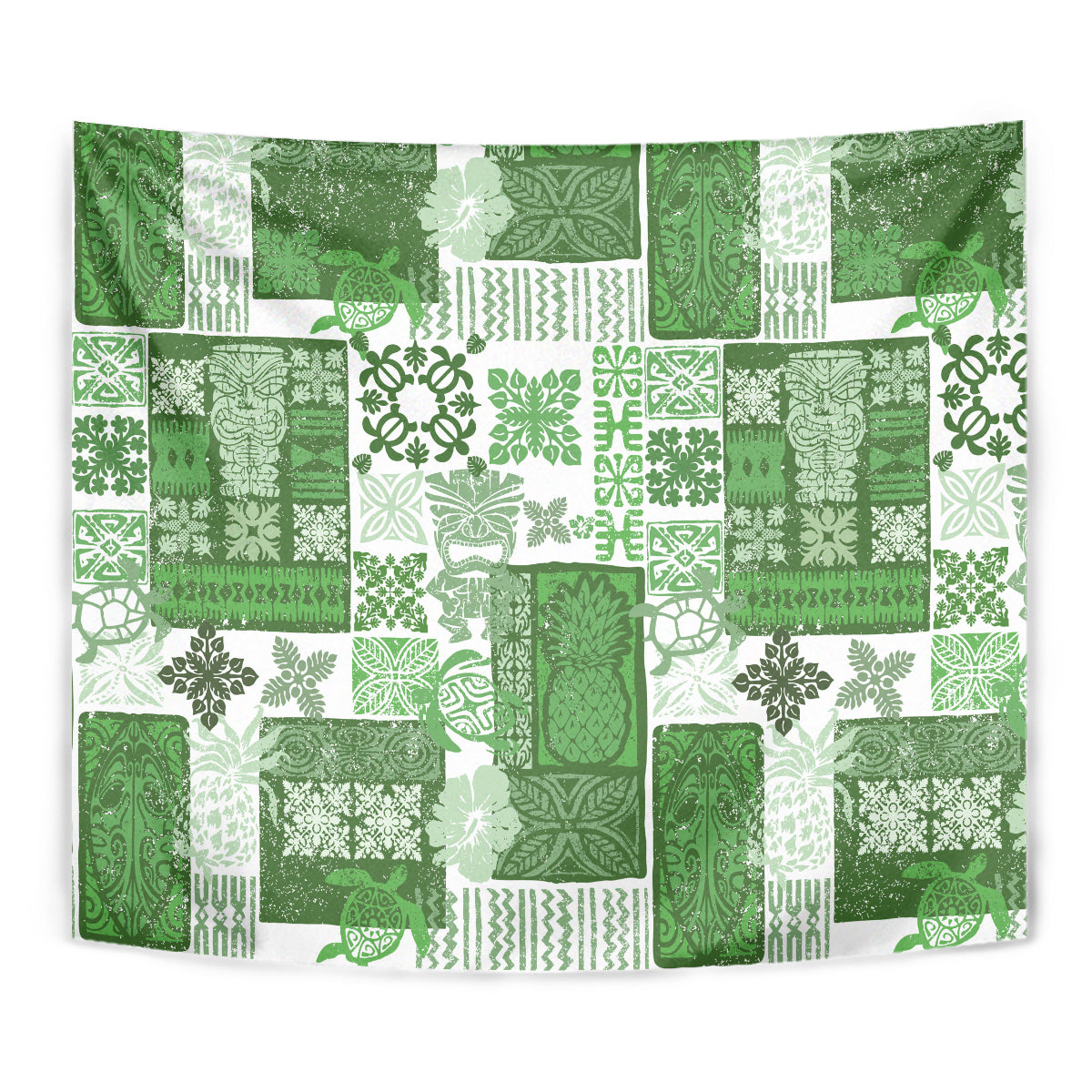 Green quilt-style tapestry with repeating tiki, floral, and geometric patchwork
