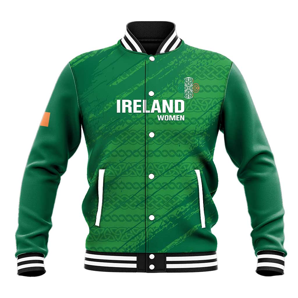 Green Ireland women baseball jacket with celtic knot pattern, snap front, striped rib trim
