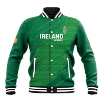 Green Ireland women baseball jacket with celtic knot pattern, snap front, striped rib trim