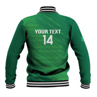 Green baseball jacket back with celtic knot pattern, YOUR TEXT 14 print, ribbed collar and cuffs