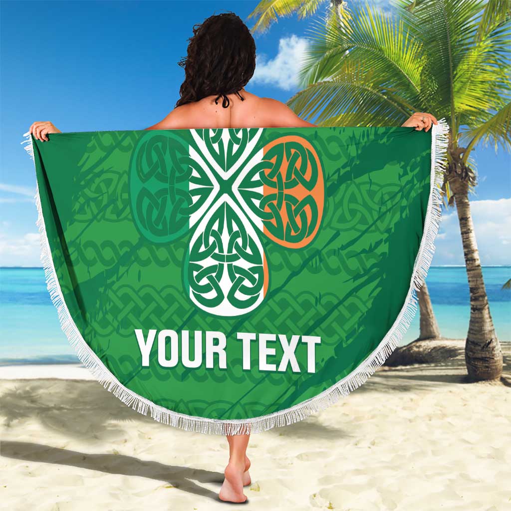 Green round beach blanket with white fringe, Ireland text and Celtic knot with Your Text
