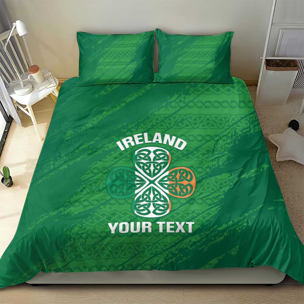 Green duvet cover bedding set with Ireland text, Celtic knot graphic, and two matching pillowcases