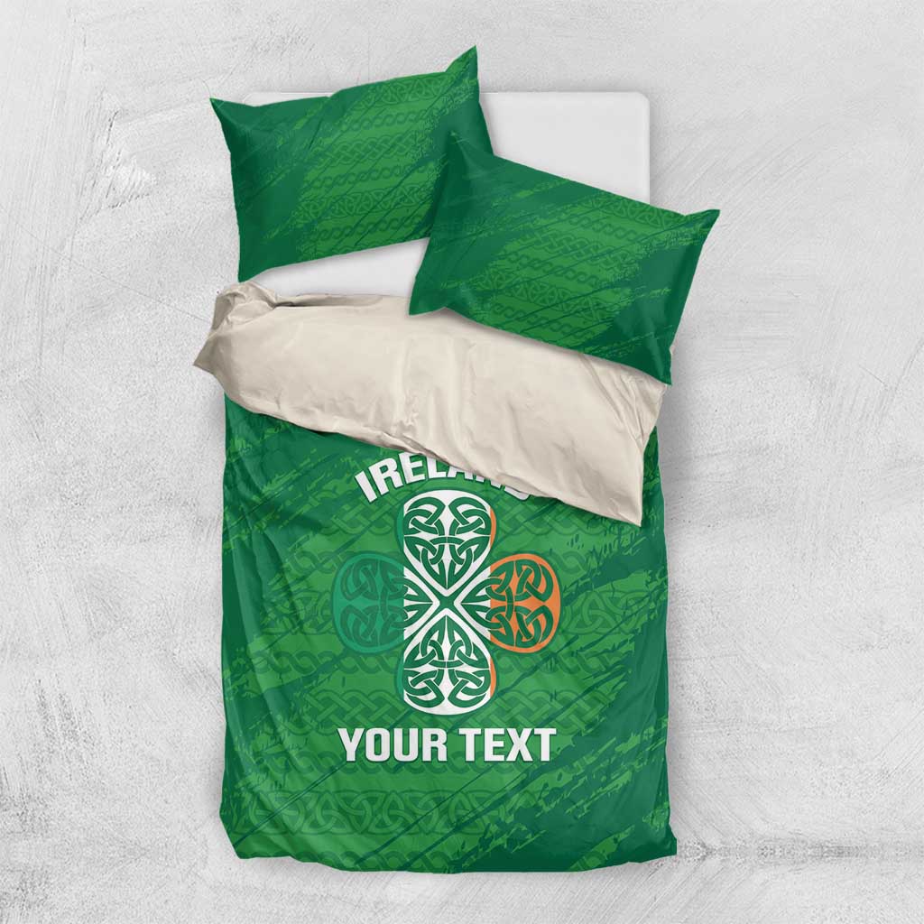Green duvet cover with Ireland text and Celtic knot emblem, with two matching pillowcases