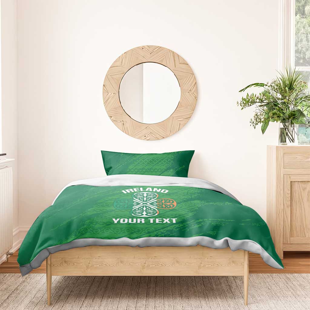 Green duvet cover and pillow set featuring Ireland text, Celtic knot design, and your text
