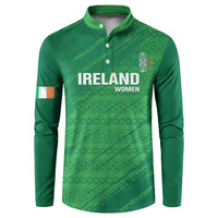 Green long-sleeve button polo sweatshirt with 'IRELAND WOMEN' graphic and Celtic pattern