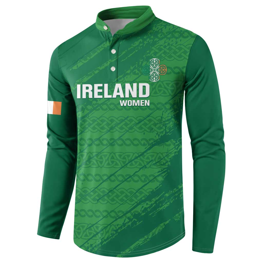 Green long-sleeve button polo sweatshirt with 'IRELAND WOMEN' front graphic and crest