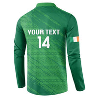 Green long-sleeve button polo sweatshirt with back 'YOUR TEXT 14' and Celtic pattern