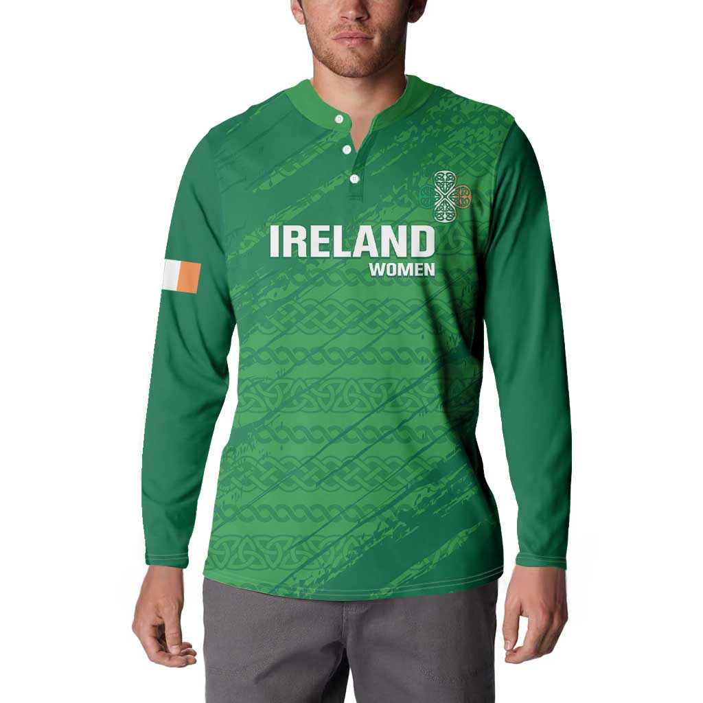 Green long-sleeve button polo sweatshirt with 'IRELAND WOMEN' front graphic and crest