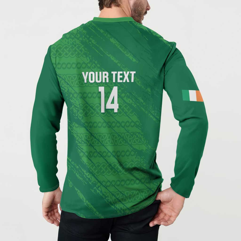 Green long-sleeve button polo sweatshirt with back 'YOUR TEXT 14' and orange sleeve patch