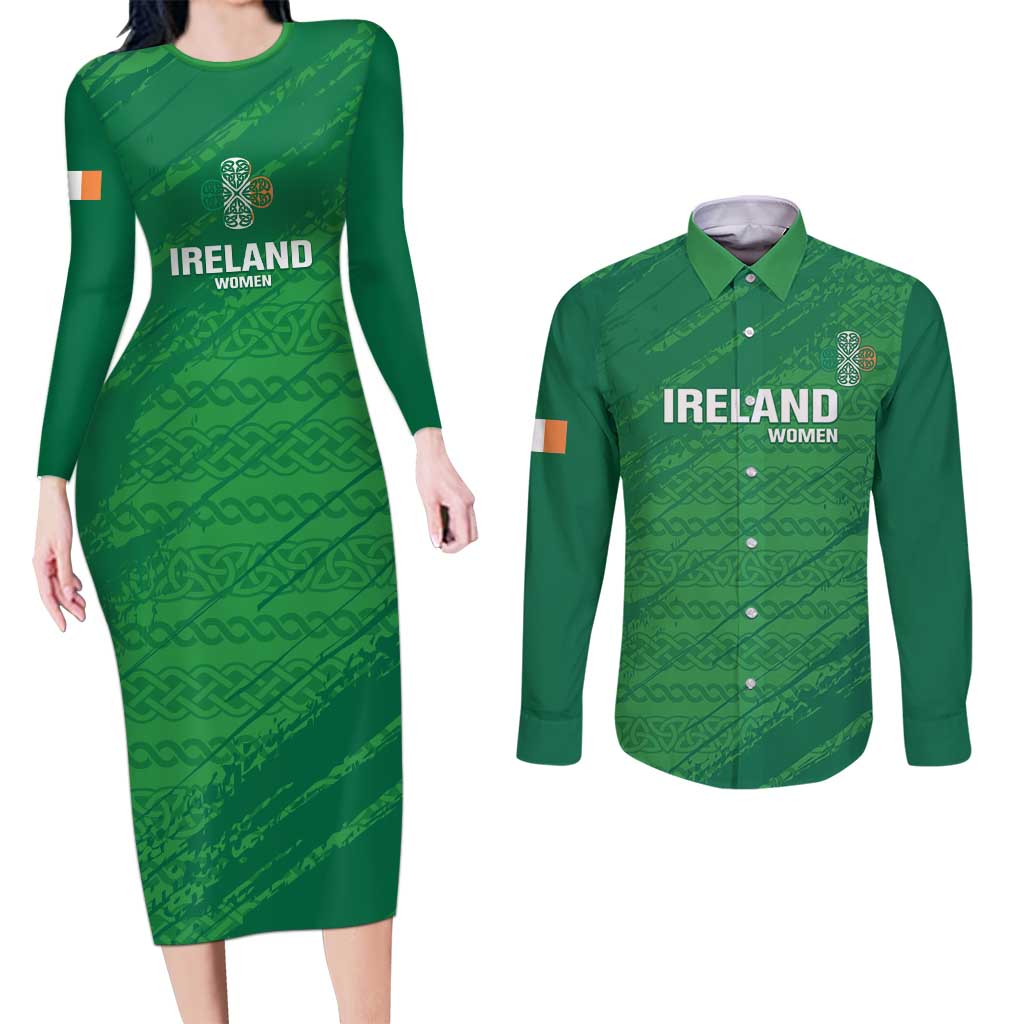 Custom Ireland Cricket Couples Matching Long Sleeve Bodycon Dress and Long Sleeve Button Shirt Irish Celtic Knot - National Color