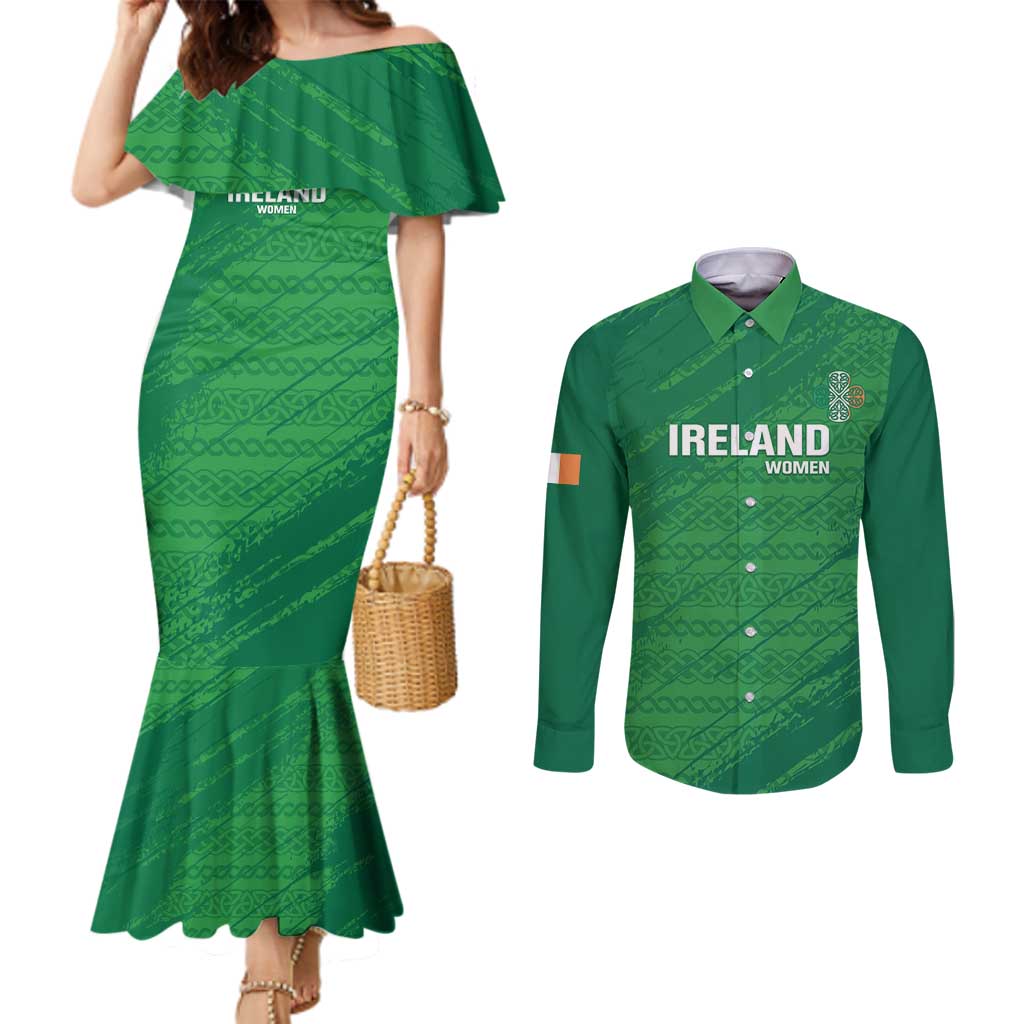 Custom Ireland Cricket Couples Matching Mermaid Dress and Long Sleeve Button Shirt Irish Celtic Knot - National Color