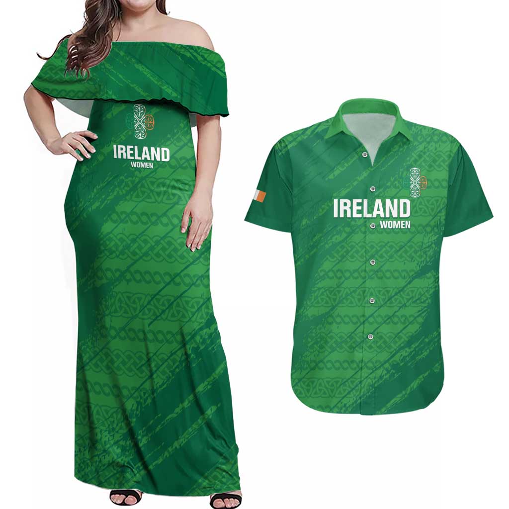 Custom Ireland Cricket Couples Matching Off Shoulder Maxi Dress and Hawaiian Shirt Irish Celtic Knot - National Color