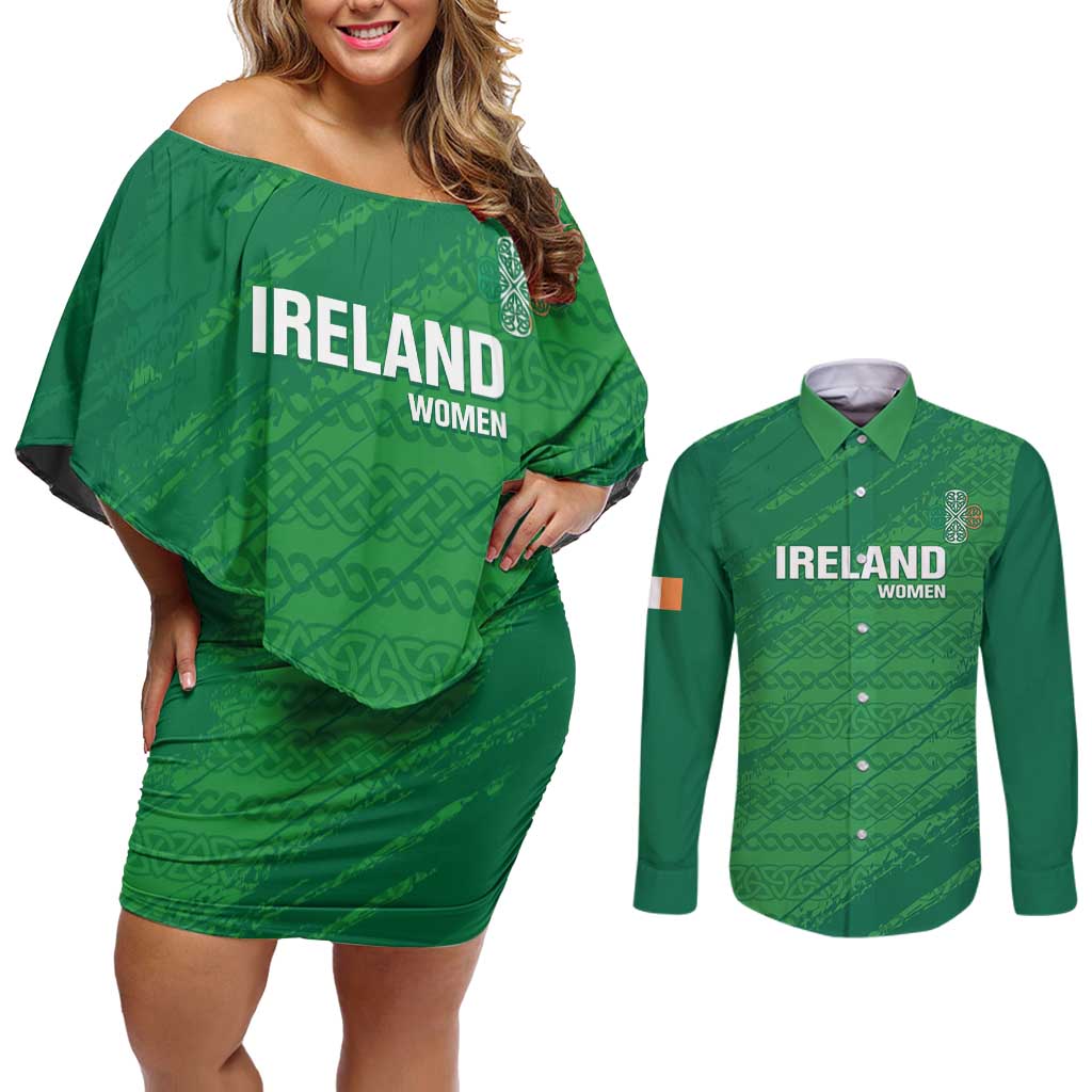 Custom Ireland Cricket Couples Matching Off Shoulder Short Dress and Long Sleeve Button Shirt Irish Celtic Knot - National Color