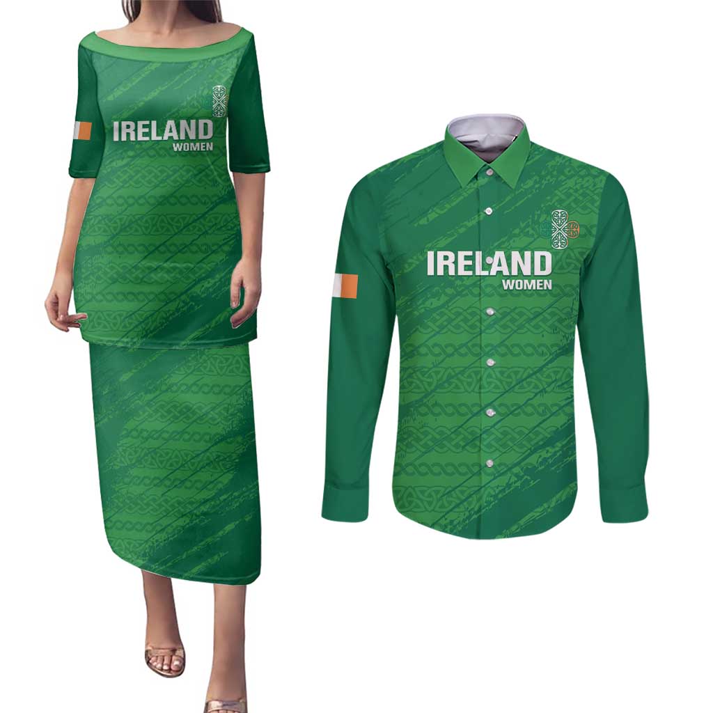 Custom Ireland Cricket Couples Matching Puletasi and Long Sleeve Button Shirt Irish Celtic Knot - National Color