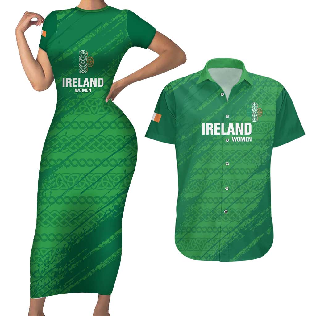 Custom Ireland Cricket Couples Matching Short Sleeve Bodycon Dress and Hawaiian Shirt Irish Celtic Knot - National Color