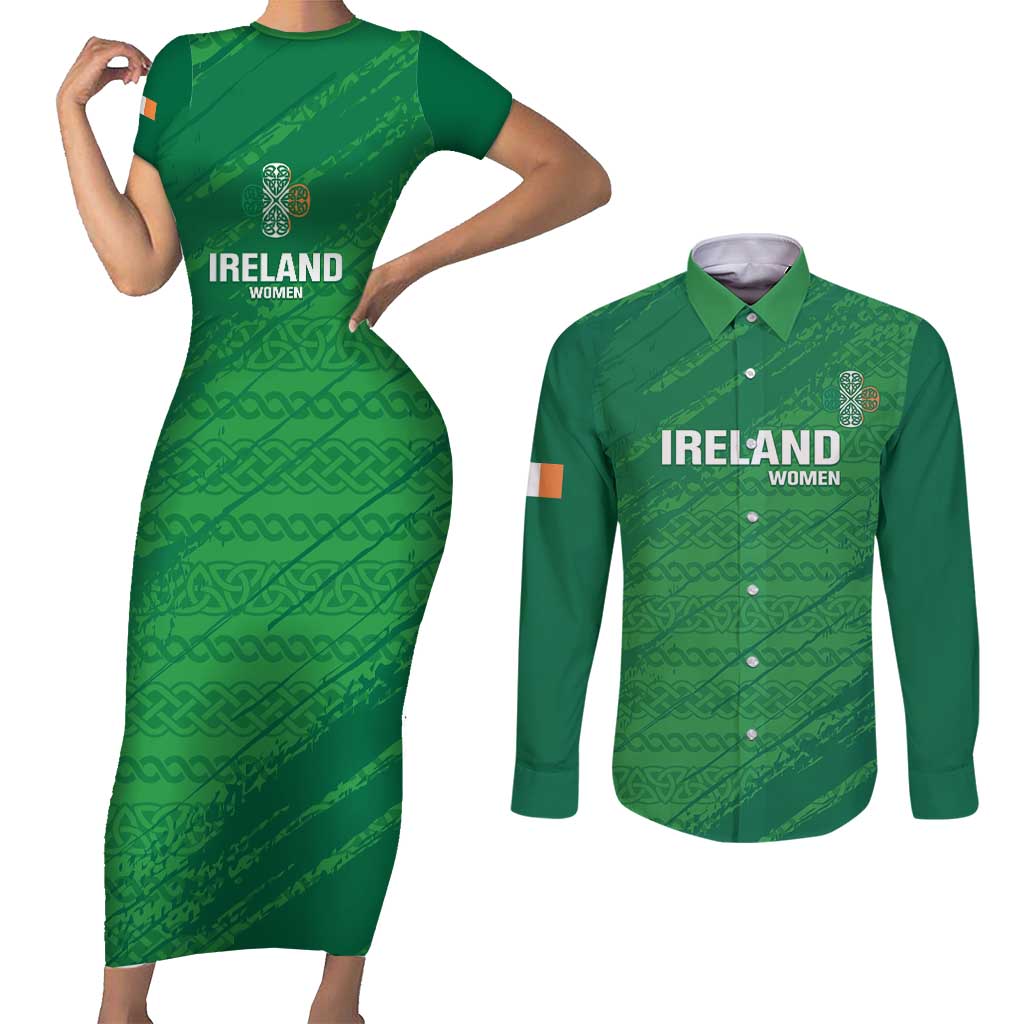 Custom Ireland Cricket Couples Matching Short Sleeve Bodycon Dress and Long Sleeve Button Shirt Irish Celtic Knot - National Color