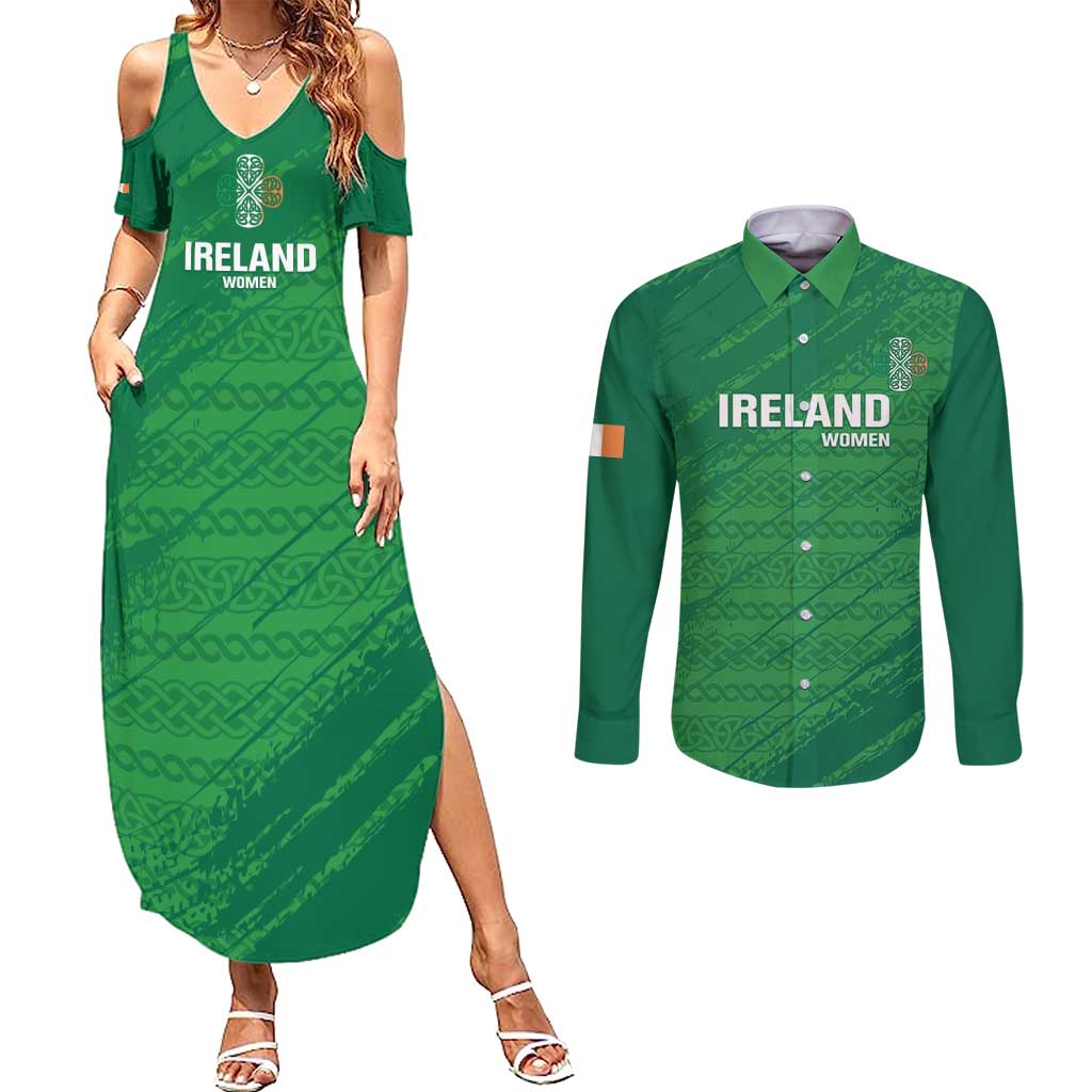 Custom Ireland Cricket Couples Matching Summer Maxi Dress and Long Sleeve Button Shirt Irish Celtic Knot - National Color