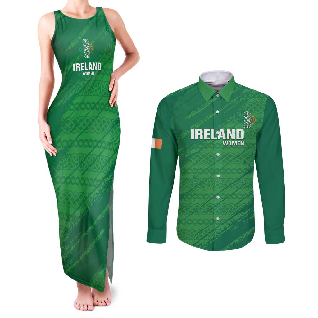 Custom Ireland Cricket Couples Matching Tank Maxi Dress and Long Sleeve Button Shirt Irish Celtic Knot - National Color