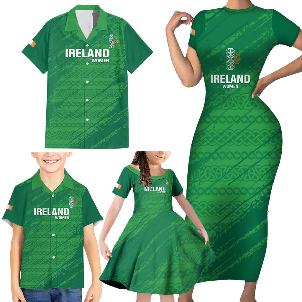 Custom Ireland Cricket Family Matching Short Sleeve Bodycon Dress and Hawaiian Shirt Irish Celtic Knot - National Color