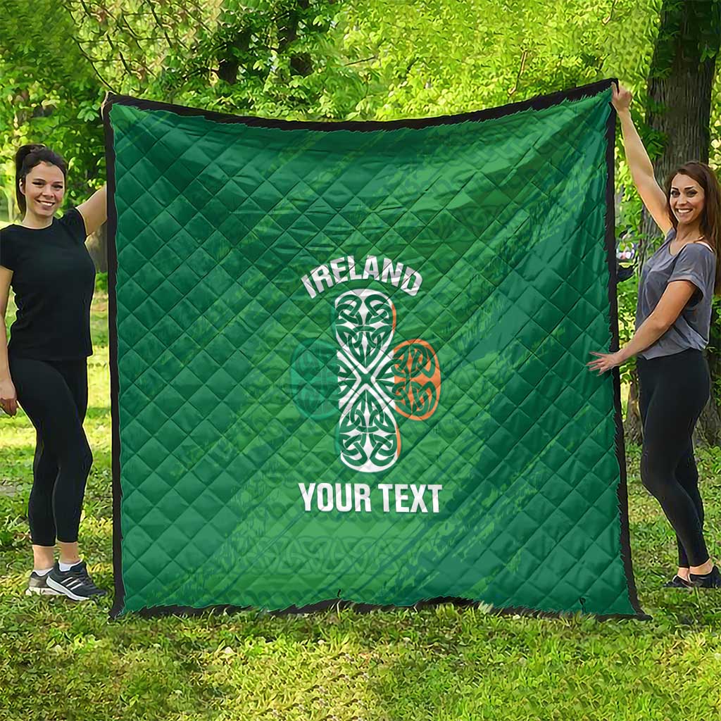 Green Ireland quilt blanket with centered Celtic knot emblem and “YOUR TEXT” lettering
