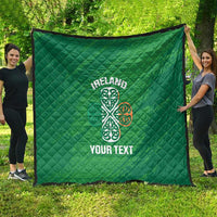 Green Ireland quilt blanket with centered Celtic knot emblem and “YOUR TEXT” lettering