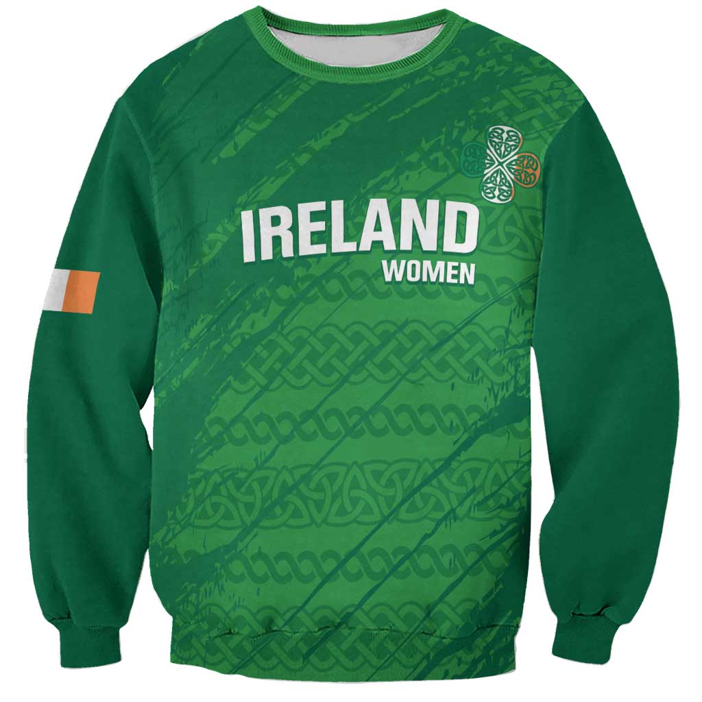 Green cricket sweatshirt with clover knot graphic and 'IRELAND WOMEN' print