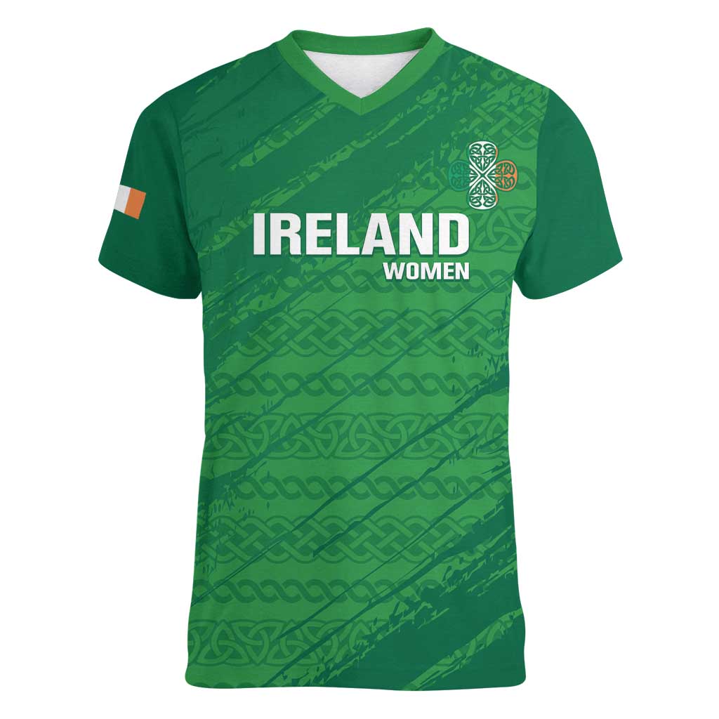 Custom Ireland Cricket Women V-Neck T-Shirt Irish Celtic Knot - National Color