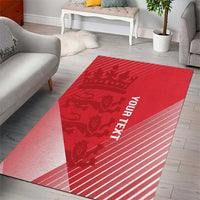 Red area rug with cricket motif center panel, diagonal stripes, 'YOUR TEXI' text