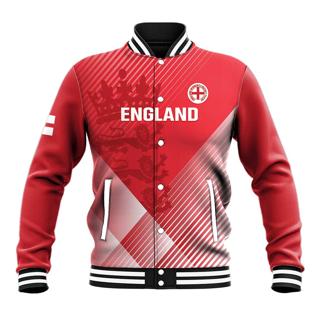 Red England baseball jacket with button front, striped collar, and crest graphic