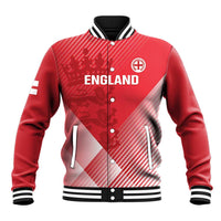 Red England baseball jacket with button front, striped collar, and crest graphic