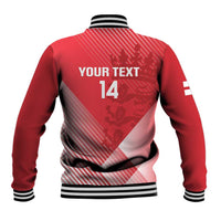 Red baseball jacket back with striped collar and hem, 'YOUR TEXT' and number 14