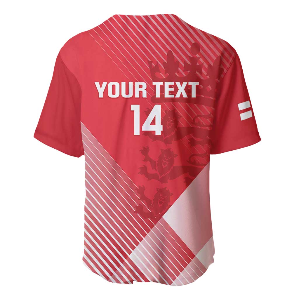 Red cricket baseball jersey back with 'YOUR TEXT 14' and white logo, short sleeves