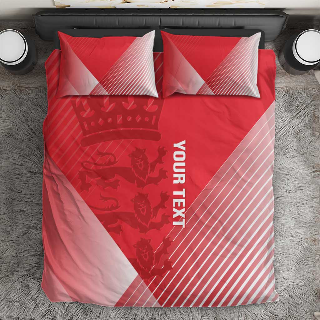 Red duvet cover and two pillowcases with diagonal stripes and 'YOUR TEXT' print