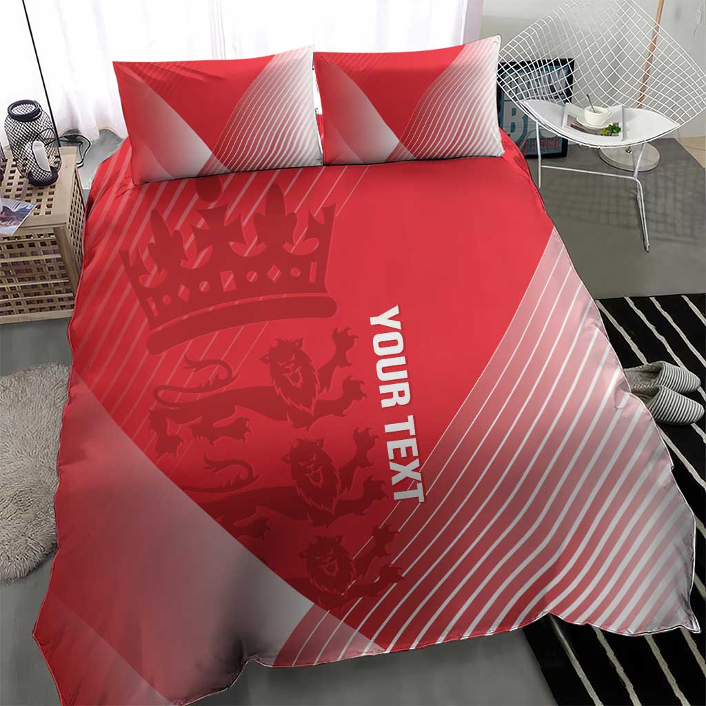 Red duvet cover with crown and icon graphics, diagonal stripes, and 'YOUR TEXT' on bed