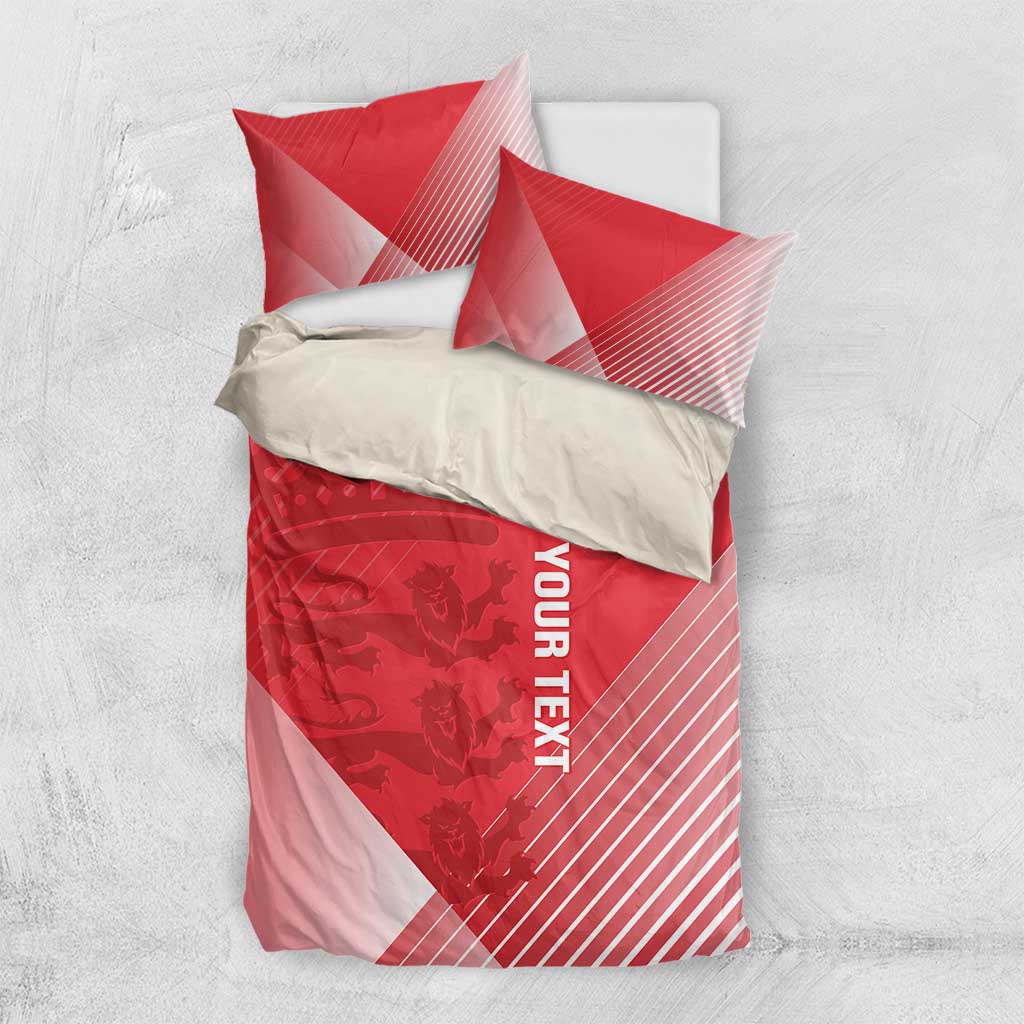Red duvet cover and two pillowcases with diagonal stripe panels and 'YOUR TEXT'