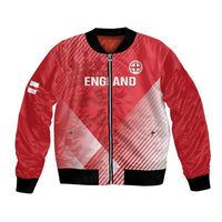 Red satin bomber jacket with black ribbed collar, cuffs, full zipper, England crest