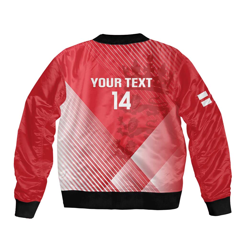 Red bomber jacket with black ribbed hem and cuffs, back text YOUR TEXT and number 14