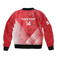 Red bomber jacket with black ribbed hem and cuffs, back text YOUR TEXT and number 14