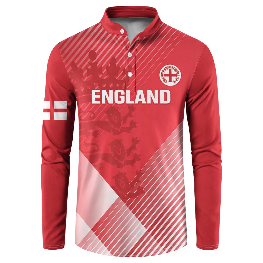 Red cricket button sweatshirt front with 'ENGLAND' text, crest badge, and flag sleeve