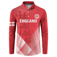 Red cricket button sweatshirt front with 'ENGLAND' text, crest badge, and flag sleeve