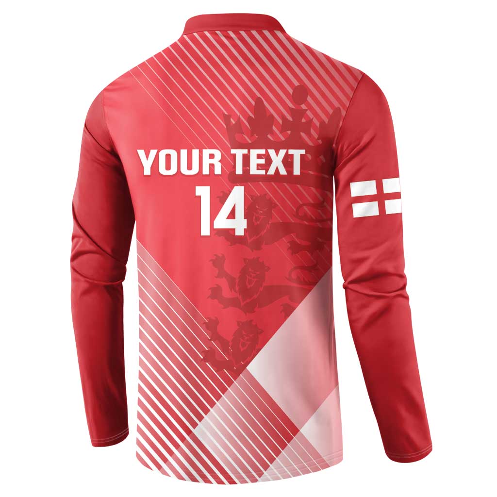 Red cricket button sweatshirt, back print 'YOUR TEXT 14' with England flag and stripes