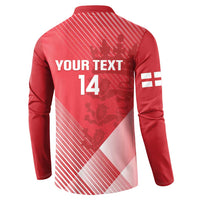 Red cricket button sweatshirt, back print 'YOUR TEXT 14' with England flag and stripes