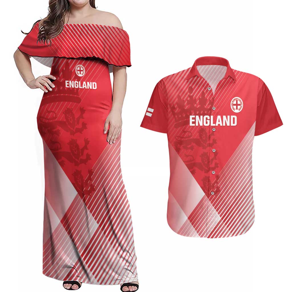 Custom England Cricket Couples Matching Off Shoulder Maxi Dress and Hawaiian Shirt Go Champions Sporty Style - Wonder Print Shop