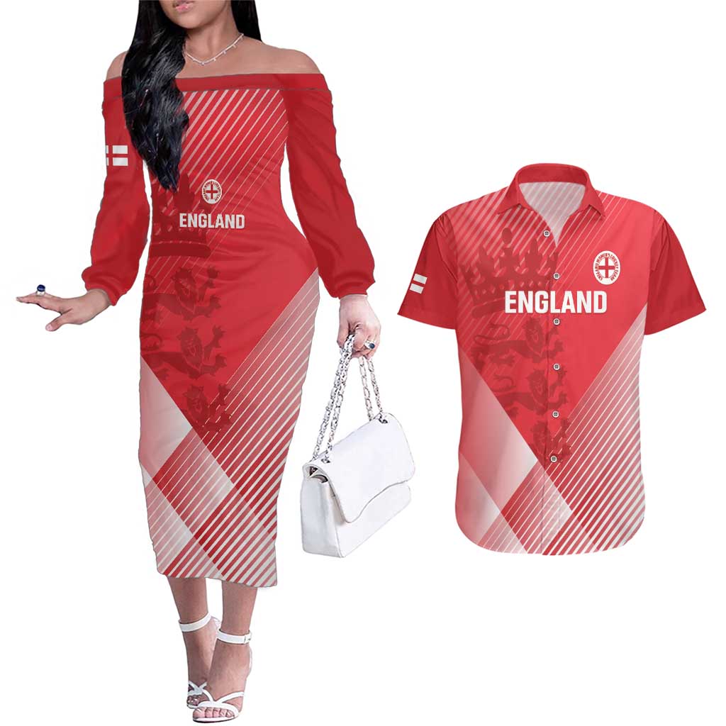 Custom England Cricket Couples Matching Off The Shoulder Long Sleeve Dress and Hawaiian Shirt Go Champions Sporty Style - Wonder Print Shop