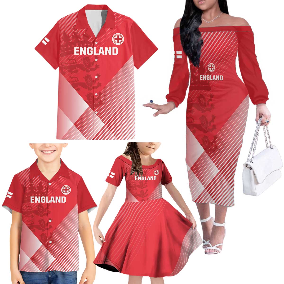 Custom England Cricket Family Matching Off The Shoulder Long Sleeve Dress and Hawaiian Shirt Go Champions Sporty Style - Wonder Print Shop